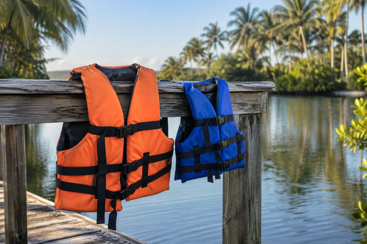 Adult and child life jackets hanging on a dock rail near Cape Coral, FL
