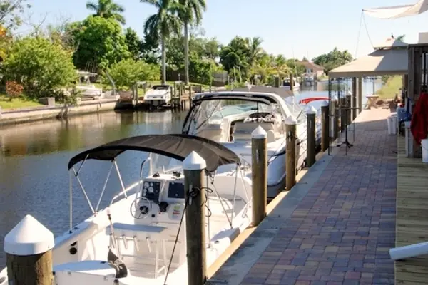 Boat slips along the marina boardwalk in Cape Coral, FL