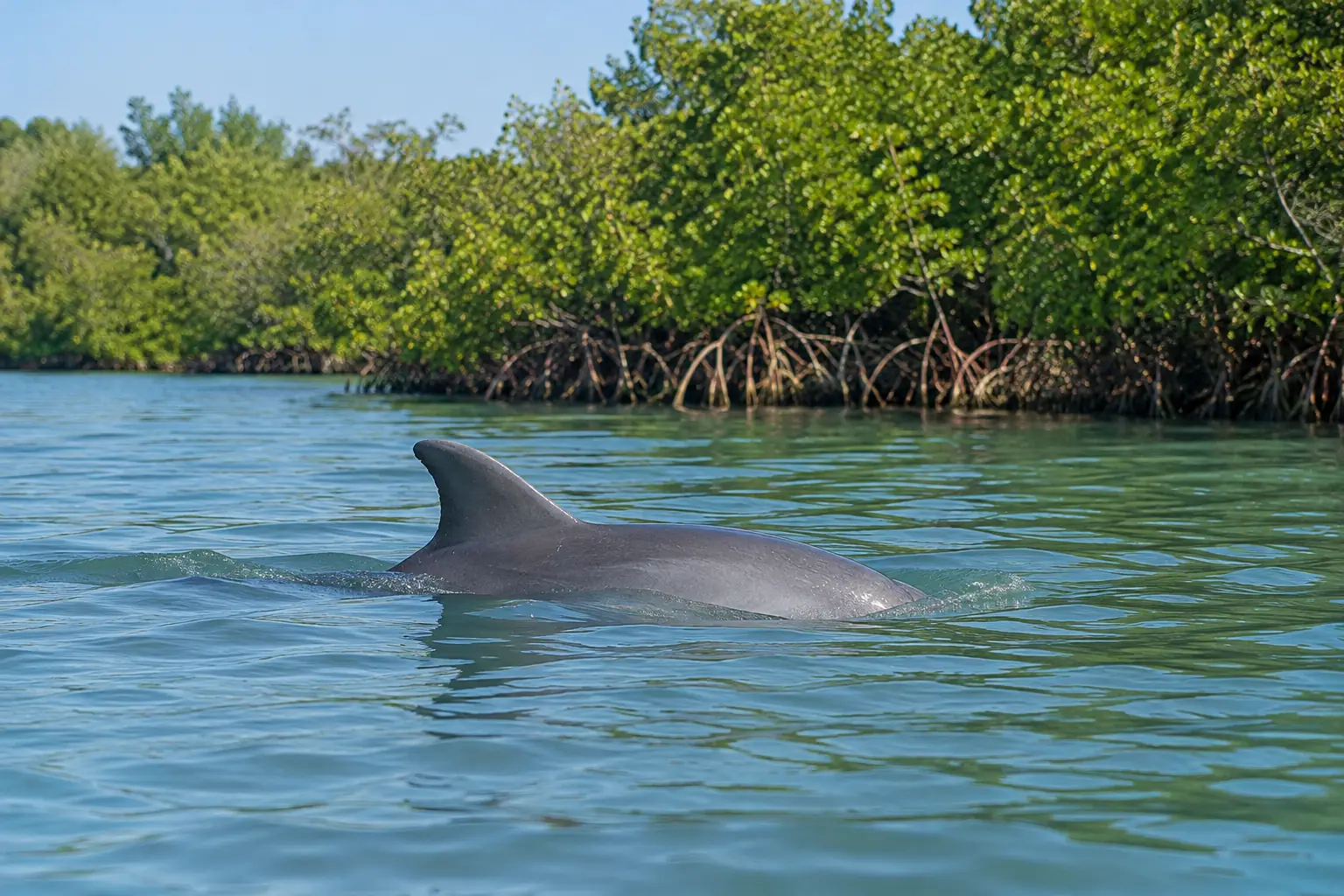 Bottlenose dolphin surfacing in calm bay water near mangroves near Cape Coral, FL