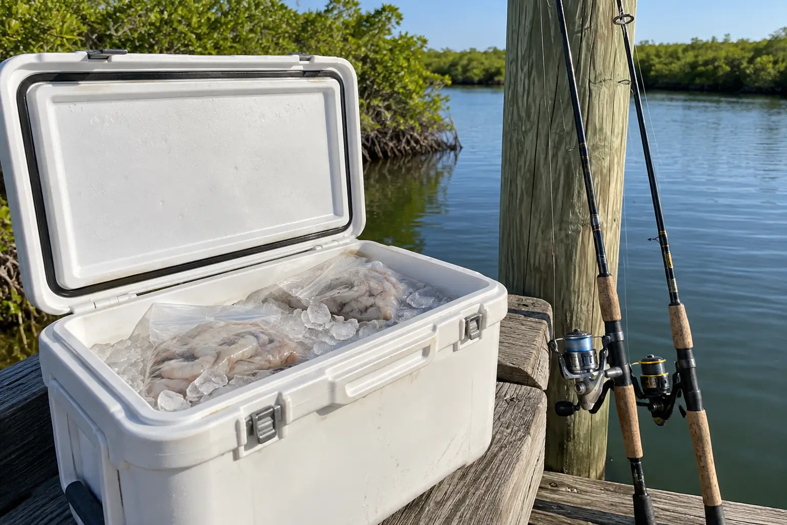 Cooler of ice and frozen shrimp bait beside two fishing rods on a dock near Cape Coral, FL