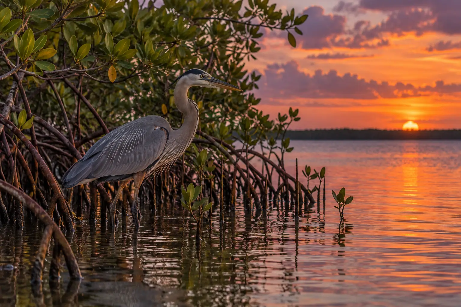 Great blue heron wading among mangrove roots at dusk