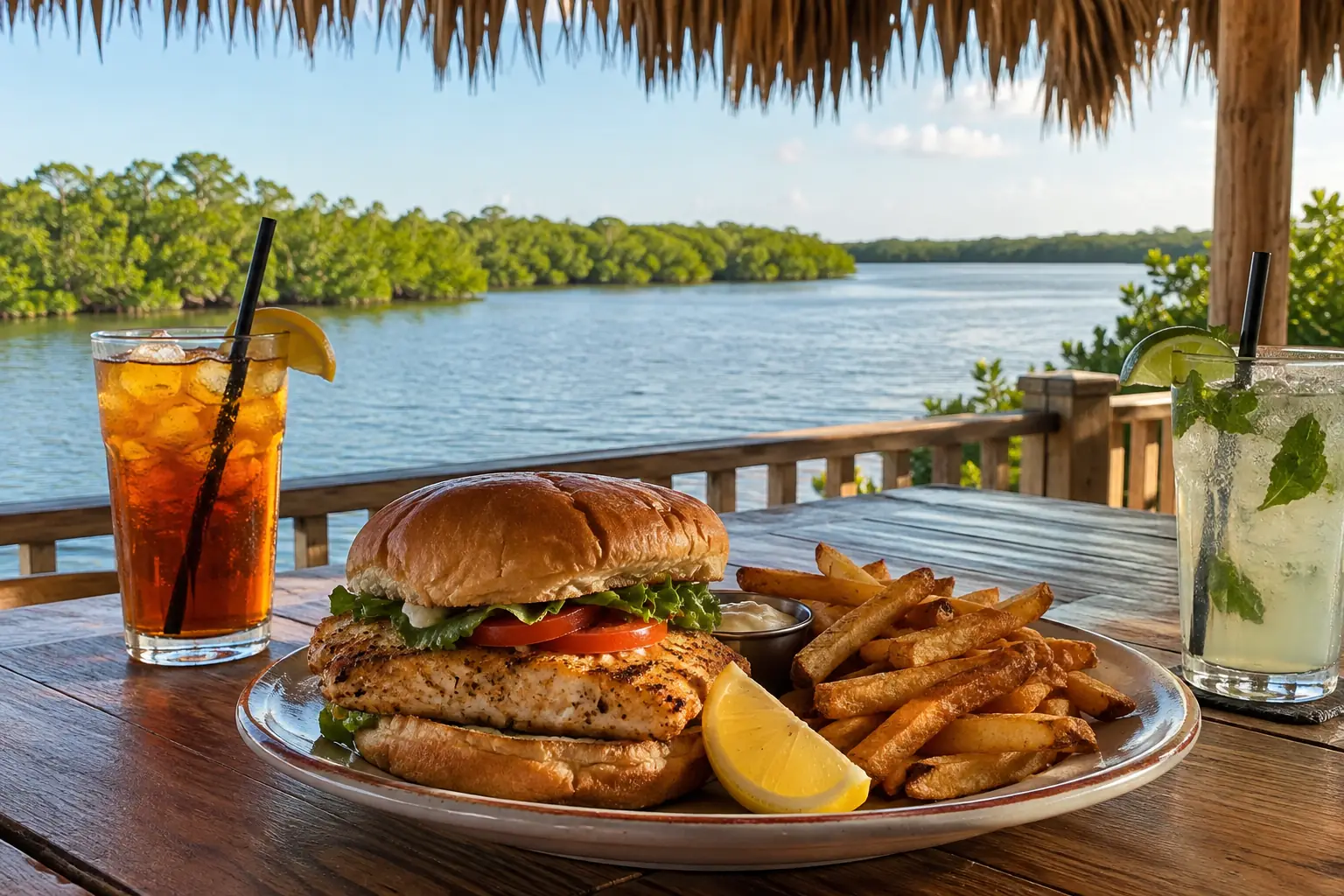 Grouper sandwich, fries and iced drinks on a waterfront table near Cape Coral, FL