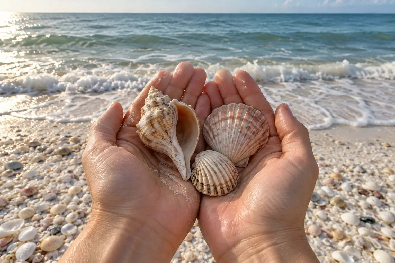 Hands holding empty seashells above a shell-covered beach near Cape Coral, FL