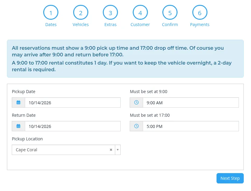 Screenshot of the online booking calendar: pick-up and return dates, times and location