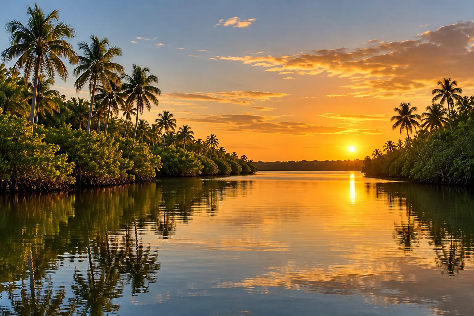 Palm-lined river at golden hour near Fort Myers, FL