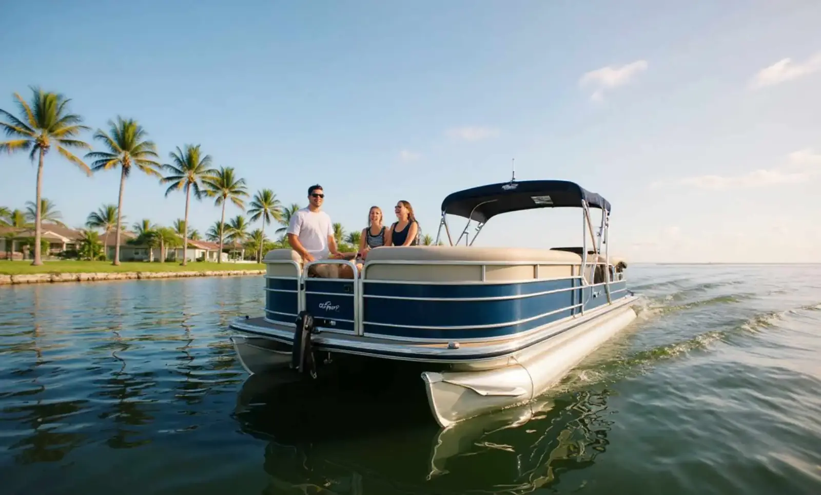 Pontoon boat cruising past palm trees at golden hour for rent in Cape Coral, FL