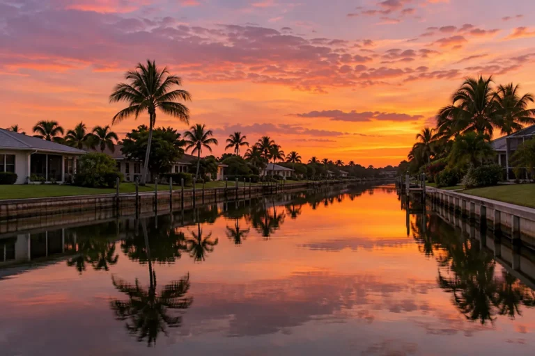 Twilight sky reflected in a palm-lined canal