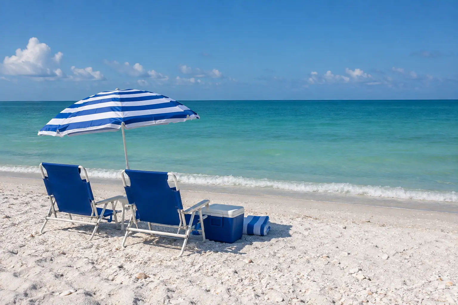Two beach chairs, a striped umbrella and a cooler on a white-sand beach near Cape Coral, FL